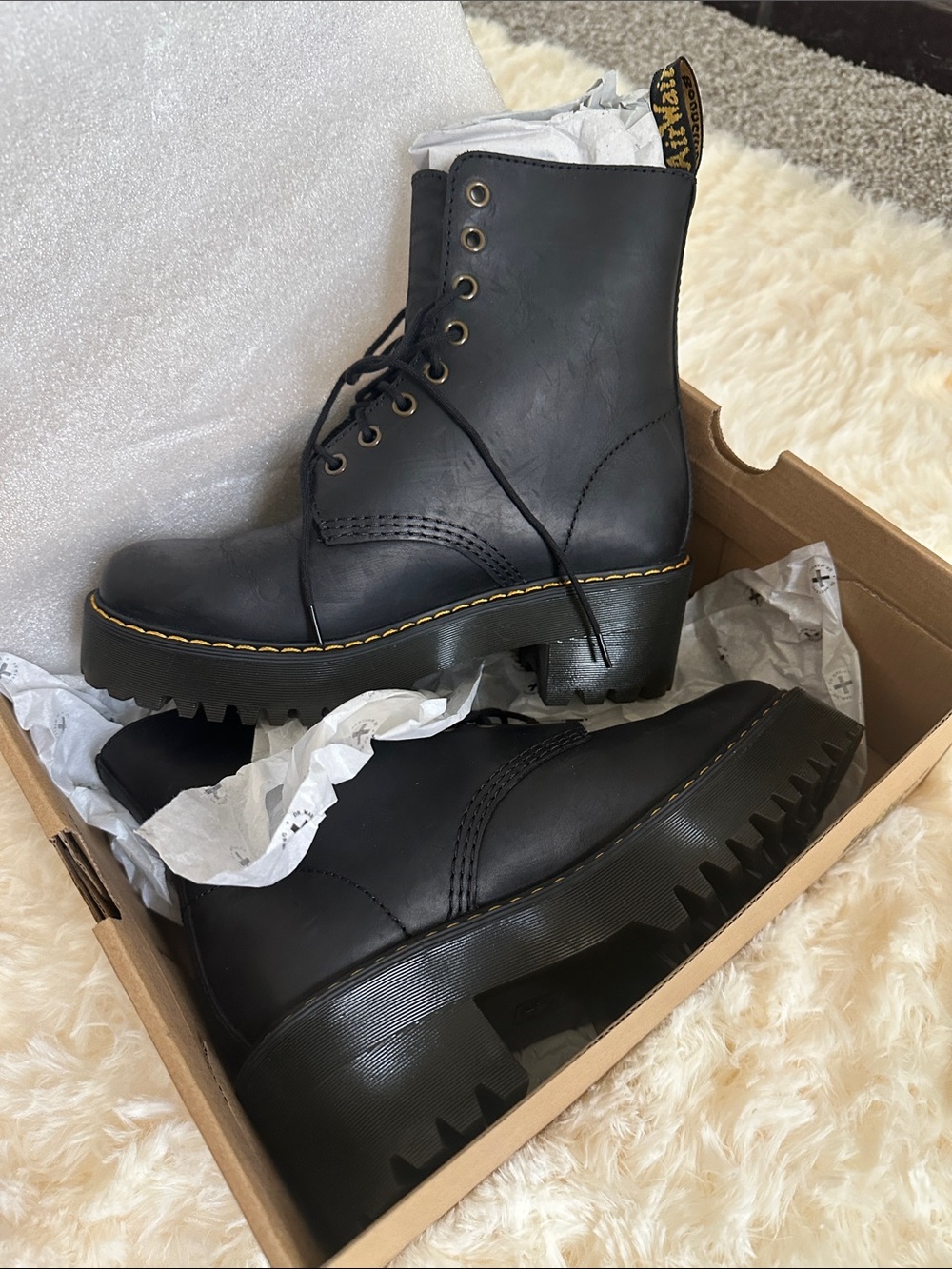 Women’s Black Leather Lace-Up Lug Boots with Yellow Welt Stitching